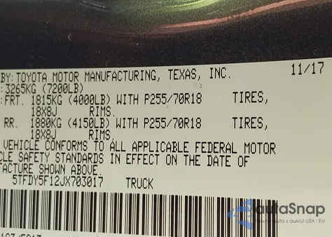 2018 Toyota Tundra Sr5 5.7L V8 z USA, uszkodzony, nr VIN 5TFDY5F12JX703017